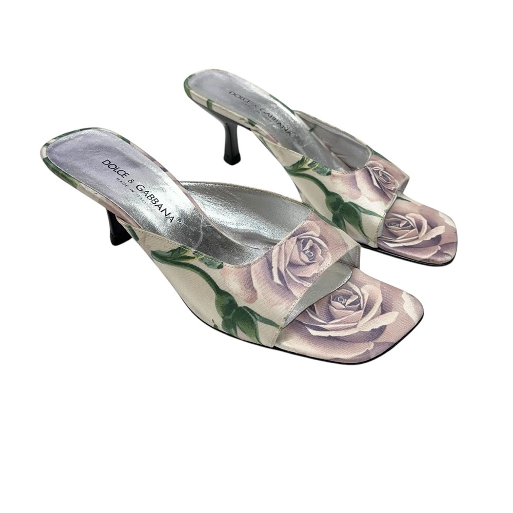 Dolce Gabbana Rose Satin Vintage Square Toe Heels Size 38 1/2
